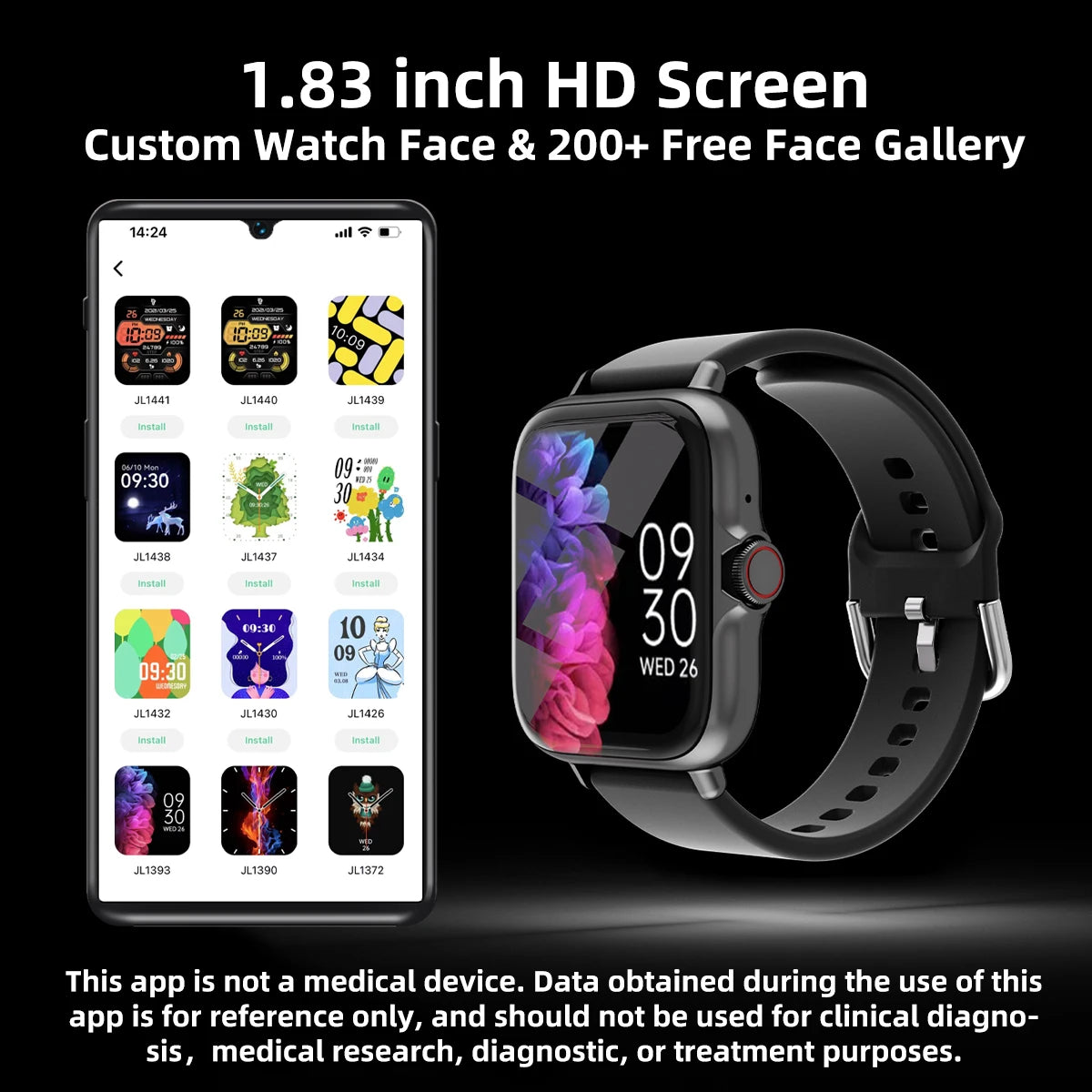 1,83'' wasserdichte Smartwatch mit Nachricht, Antwort, Anruf, Schlafüberwachung, Sport, Schrittzähler, Informationswarnungen für iPhone und Android