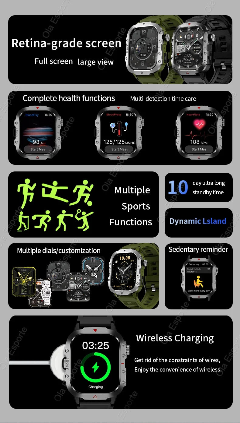 2026 Neue Militärische Smartwatch für Herren IP67 3ATM Outdoor-Sport Fitness-Tracker Blutdruck-Gesundheitsmonitor BT-Anrufe GPS Smartwatch