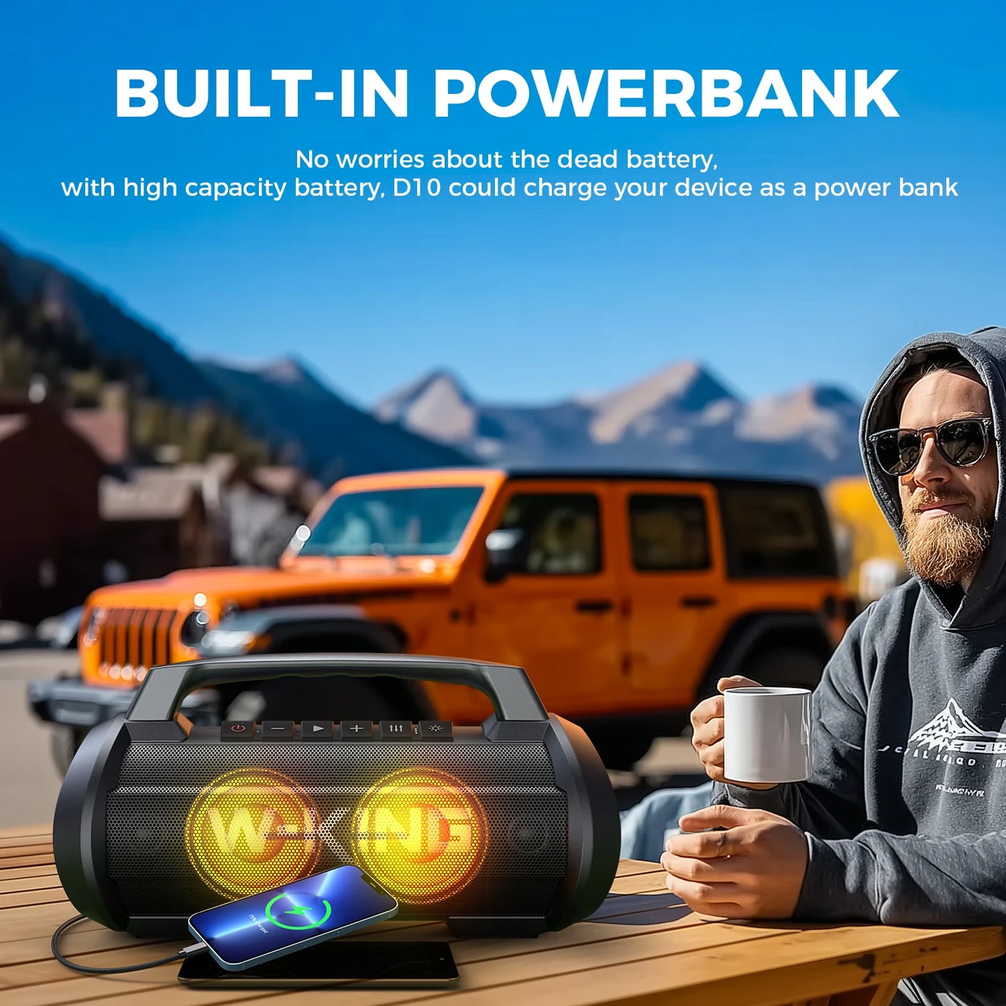 W-KING 70 W RMS tragbarer Bluetooth-Lautsprecher, Lautsprecher, kabellos, laut, IPX6 wasserdicht, Bluetooth-Lautsprecher mit Subwoofer/Bass Boost